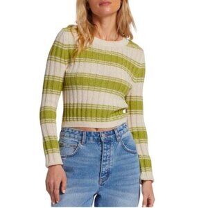 Billabong Womens Clare Ribbed Stripe Knit Sweater Size Large Green And Cream